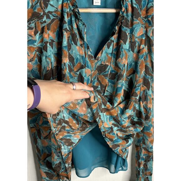 Joie Blouse Fall Leaves Long Sleeve Green Swiss Dots Size Medium Lined Foliage - Picture 5 of 9
